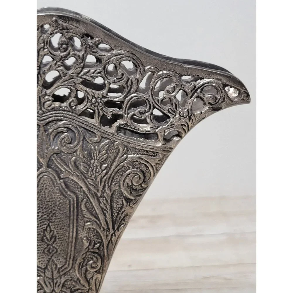 Vintage Silver Plated 9.5” Art Nouveau Ornate Fan Shaped Pierced Filigree Flower